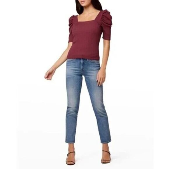 NWT JOE'S JEANS Monica Square-Neck Puff-Sleeve Top Sz XS Zinfandel - Picture 2 of 6